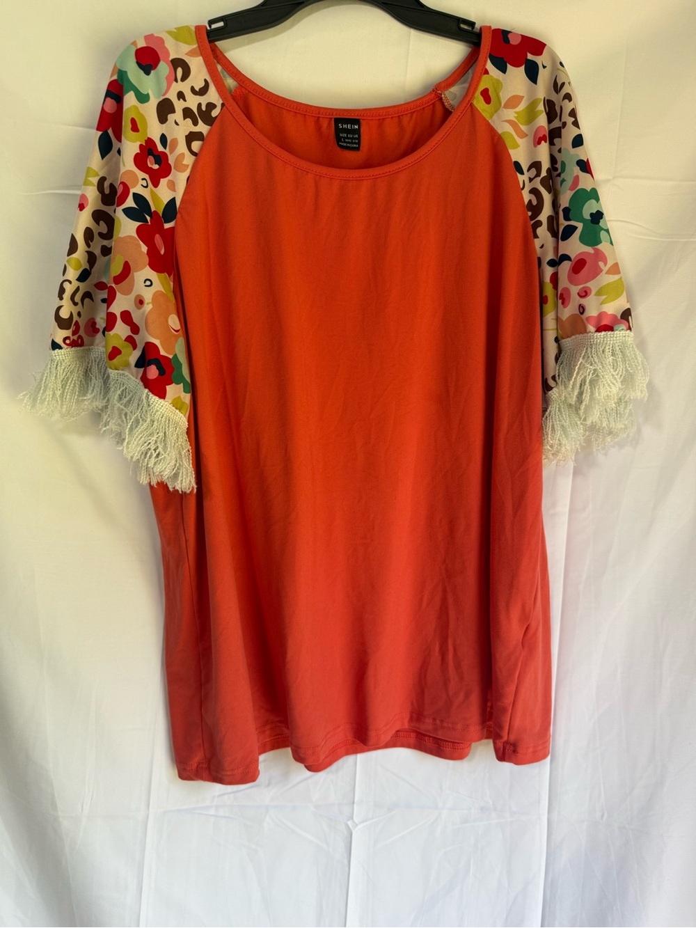 SHEIN Orange Raglan Fringe Sleeve Top with Multicolor Floral Print - Picture 1 of 2
